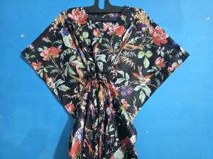 Kaftan indien en coton noir pour femme, imprimé oiseaux et fleurs, longue robe de plage, vêtement de nuit, kimono, robe à col en V avec ceinture, lavable, été - Product Image 2