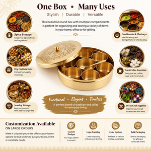 Boîte à épices ronde en laiton gravé, Masala Dabba, 7 compartiments avec couvercle à bouton et cuillère, conteneur de rangement de cuisine, vente en gros - Product Image 4