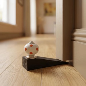 Traditional White <b>Ceramic</b> Door <b>Knob</b> with Red Polka Dots on Black Wood Base for Entry Door Use - Product Image 3