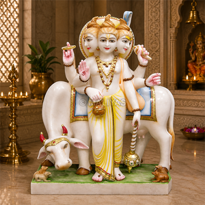 Premium Marble Lord Dattatreya Statue with Kamadhenu Cow | Handcrafted White Marble Dattatreya Murti | MALIYAS Jaipur - Product Image 1