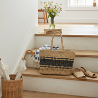Panier en jonc de mer tressé à la main avec poignée, panier de rangement naturel tissé pour le shopping, la plage et la maison