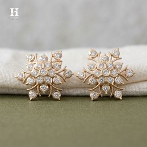 Snowflake Diamond Stud Earrings <b>Round</b> Cut Pave Moissanite Floral Cluster <b>Post</b> Earrings Fine Jewelry For Women - Product Image 1