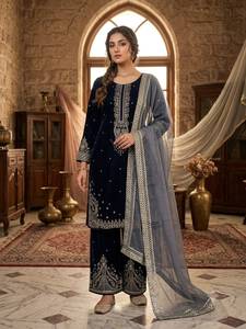 Black Embroidered Indian Pakistani Top Velvet <b>Kurta</b> Set With Net Dupatta Formal <b>Dress</b> Wear - Product Image 4