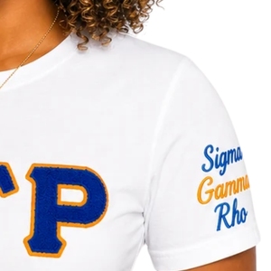 T-shirt graphique en chenille SGRHO blanc pour femme, décontracté, à manches courtes, col rond, haut tendance, style streetwear Sorority grecque - Product Image 5