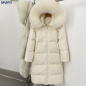 Manteau long matelassé pour femme, hiver, grande fourrure de raton laveur naturelle, capuche amovible, épais, ample, léger, coupe-vent. - Product Image 3