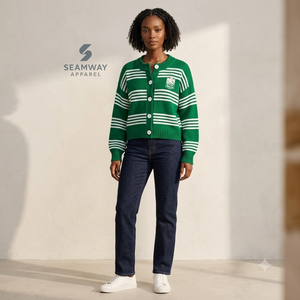 Cardigan en tricot rayé pour femme Iota Phi Lambda Sorority, boutonné, manches longues, col rond, vert et blanc, brodé, pull décontracté - Product Image 5