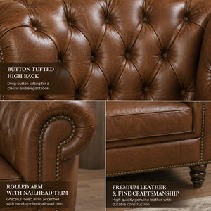 Sofá Individual Chesterfield de Cuero Marrón Vintage con Brazos Enrollados, Sofá Clásico para Sala de Estar u Oficina - Product Image 3
