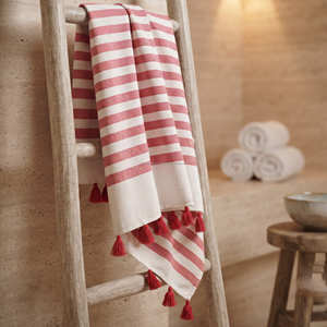 Serviette de Hammam rayée rouge 90x170 cm, légère, en coton recyclé, Fouta, sans sable, Peshtemal, couverture de plage, décor pompons, vente en gros - Product Image 1