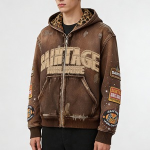 Hiver 2026 Sweat à capuche zippé oversize en coton épais de haute qualité pour homme, style streetwear, avec broderie de patchs effet vieilli et délavage acide vintage - Product Image 1