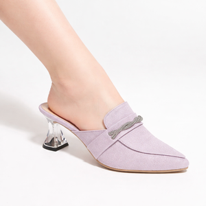 Mules Elegantes de Mujer en Color Lila Brillante con Punta en Pico |   Elegantes Tacones de Bloque Transparentes con Punta Ancha de 1-2 Pulgadas |   Sandalias de Lujo para Fiestas - Product Image 1