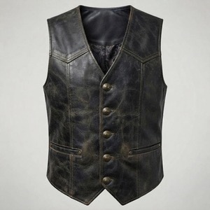 Gilet vintage en cuir véritable pour homme, col en V, simple boutonnage - Product Image 1