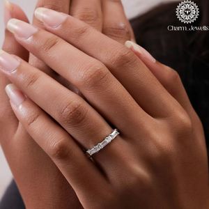 Charm <b>Silver</b> & 18K Gold Plated Cushion Cut Moissanite Engagement <b>Eternity</b> Band <b>Ring</b> with Prong Setting for Women's Classic Style - Product Image 5