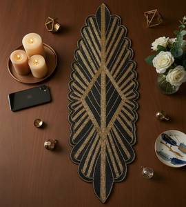 Leaf Shaped Fabric <b>Table</b> Runner Black Gold Bohemian Handmade Mat Decorative Placemat for <b>Table</b> Centerpiece - Product Image 4