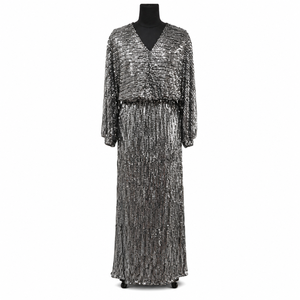 Women Silver <b>Sequin</b> Maxi Dress V Neck Long Sleeve Sparkle Evening Gown Elegant Party Cocktail Wedding Formal Prom Luxury Fashion - Product Image 1