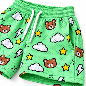 Shorts d'été pour garçons, imprimé dessin animé vert, en maille, athlétiques, taille élastique, cordon de serrage, respirants, décontractés - Product Image 5