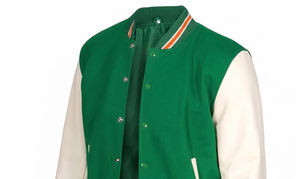 Men's Green Varsity Jacket With Cream Sleeves And Orange Trim Regular Fit Casual Wear Autumn Season - Product Image 3