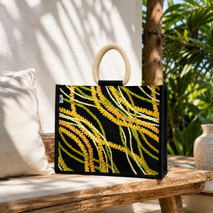 Sac de plage en jute noir laminé PP rayé multicolore personnalisé 40x32x15.5cm avec logo imprimé, vente en gros, OEM, ODM, marque privée - Product Image 6