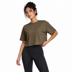 Women's Olive Green <b>Crop</b> <b>Top</b> Short Sleeve Crew Neck Loose Fit Jersey Solid Color Casual T-Shirt Spring Summer 100% Cotton - Product Image 1