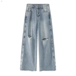 Pantalones Vaqueros de Mezclilla Desgastados con Lavado Ácido Personalizados al por Mayor para Hombre, Estilo Urbano Casual, Holgados, con Rasgaduras y Forro Polar Transpirable - Product Image 1