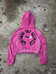 Ensemble survêtement rose en molleton épais pour homme : sweat à capuche court zippé et pantalon large, avec broderie graphique, style streetwear - Product Image 6