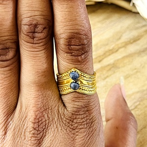 Bague en laiton ethnique Lapis Lazuli au look premium, plaquée or 18 carats, motif tribal Chevron, bijoux statement pour femmes, vente en gros/OEM/ODM - Product Image 6