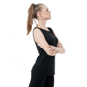 Haut sans manches noir pour femme à prix de gros avec passepoil noir, col bateau, mélange coton et polyester, décontracté et sportif pour femmes - Product Image 4