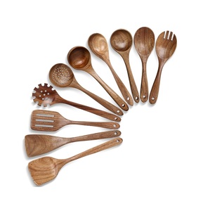 Ensemble d'ustensiles de cuisine en bois 10 pièces : cuillères, spatules, louches, fourchettes, outils de service, qualité alimentaire, lavage à la main uniquement - Product Image 1