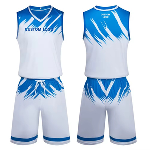 Ensemble de maillots de volley-ball sublimés personnalisés, blanc et bleu, logo uni sur le devant, manches courtes, col en V, évacuation de l'humidité, unisexe, adulte - Product Image 1