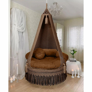 Bohemia Macramé Swing <b>Chair</b> Brown with Cotton Rope, Velvet Cushion and Iron Frame for Indoor Outdoor Home Décor Garden Jhula - Product Image 5