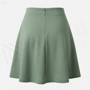 Jupe courte trapèze pour femme, couleur unie, taille élastique, confortable, décontractée, en tricot de coton et élasthanne, verte, toutes saisons - Product Image 2