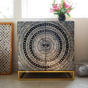Handcrafted <b>black</b> and white geometric chevron pattern <b>side</b> <b>cabinet</b> serving as a premium storage Capiz nightstand for bedroom - Product Image 3