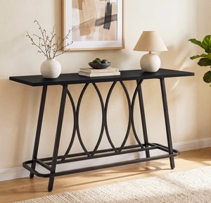 Table console moderne en métal avec base en tréteaux et design ovale pour l'entrée et le salon - Product Image 2