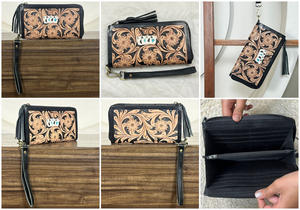 Cartera de mano de cuero vacuno premium con diseño floral a cuadros y grabado, con cremallera y múltiples ranuras para tarjetas para mujer - Product Image 3