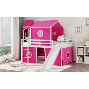 Letto a soppalco rosa a grandezza naturale con scivolo, tenda e torre per bambini, modello precedente LT000771AAH - Product Image 4