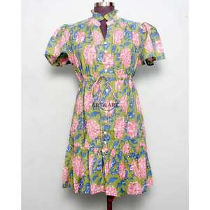 Women's Short-Length Soft Pure Cotton Midi <b>Dress</b> Hand Block Floral Print Minimalist Casual Party Wear Formal Sweet Natural - Product Image 1