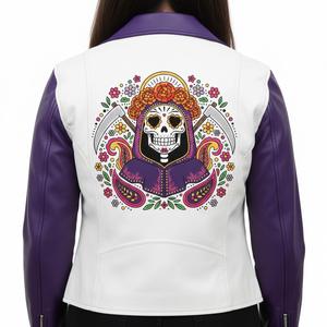 แจ็คเก็ตหนังแท้สำหรับผู้หญิงสไตล์พังก์  ลายหัวกะโหลกน้ำตาล  ลายซานตา มูเอร์เต  กันลม  เป็นมิตรกับสิ่งแวดล้อม  สำหรับฤดูหนาว - Product Image 1