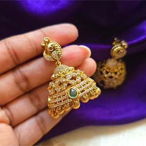 Antique Brass Peacock Jhumka Earrings with Diamond and Pearl - Product Image 1