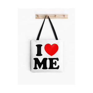 Bolsa de mano de uso diario de algodón 100% con certificación GOTS, diseño geométrico personalizable, lona reciclable de secado rápido bordada 'I Love Me' - Product Image 1