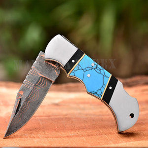 Navaja Plegable de Acero de Damasco con Patrón de Ondas de Cobre Hecha a Mano, Hoja Grabada, Mango de Madera, EDC, Caza, Camping, Supervivencia - Product Image 1