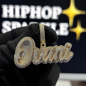 <b>Custom</b> Raised Script <b>Name</b> Pendant 925 Sterling Silver VVS Moissanite Fully Iced Pave 22K Gold Plated Hip Hop <b>Necklace</b> Unisex - Product Image 1