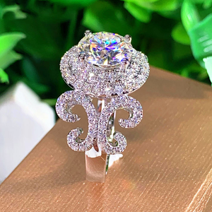Luxury Round Cut Moissanite <b>Ring</b> 925 Silver Halo Engagement <b>Ring</b> Iced Out <b>Statement</b> <b>Ring</b> Floral Side Design - Product Image 3