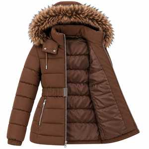 Abrigo Acolchado de Poliéster Transpirable para Mujer, Color Marrón, con Capucha de Piel, Cinturón y Cierre de Cremallera, Parka de Invierno - Product Image 3