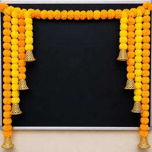 Guirnalda Decorativa de Caléndulas Amarillas y Naranjas, Campanas Doradas, Hecha a Mano con Plástico Ecológico, para Colgar en la Puerta, Decoración para Diwali, Bodas y Hogar - Product Image 3