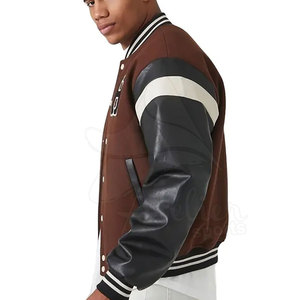 Classic Black <b>Leather</b> Winter Men's Vintage Varsity Letterman <b>Jacket</b> Stand Eco-Friendly Front Chocolate <b>Brown</b> White Buttons - Product Image 3