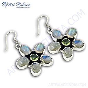 Pendientes colgantes plateados con forma de flor, con piedra lunar arcoíris y peridoto engastado en bisel, estilo bohemio para mujer, joyería de fiesta - Product Image 2
