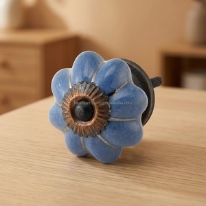 Ceramic Flower Knob Blue Rustic Cabinet <b>Handle</b> for Kitchen Drawer <b>Door</b> Decorative <b>Pull</b> - Product Image 1