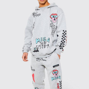 Ensemble de survêtement gris à capuche pour homme avec imprimé dessin animé, manches longues, coupe ample, style streetwear, tenue de jogging - Product Image 3