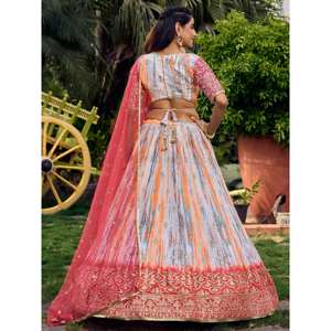 Superbe vêtements de fête en chinon imprimé numérique blanc et rose Lehenga Choli pour robes de cocktail - Product Image 3