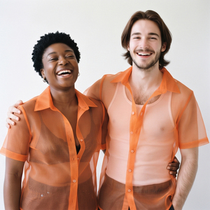 Chemise unisexe transparente orange à manches courtes, col rabattu, boutonnée sur le devant, décontractée, pour le printemps et l'été - Product Image 5