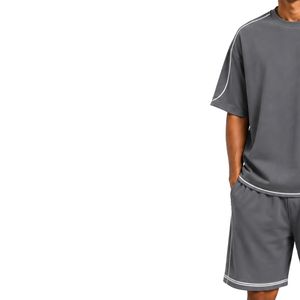 เสื้อยืดโอเวอร์ไซส์สีเทาชาร์โคลสำหรับผู้ชายและกางเกงขาสั้น ชุดเซ็ตแต่งขอบสีขาว ปักโลโก้ได้ คอกลม สไตล์ลำลอง สตรีทแวร์ ขายส่ง - Product Image 3